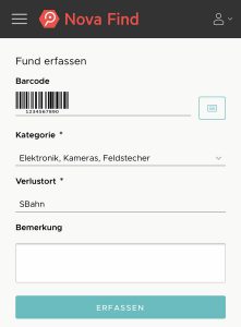 Softwaremaske der Nova Find Funderfassungsapp für S-Bahn Berlin. Screen zeigt die Eingabefelder Barcode, Kategorie, Verlustort und Bemerkung.