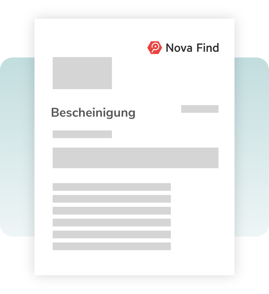Grafik einer Nova Find Bescheinigung. Zu sehen ist ein Dokument mit dem Betreff Bescheinung und dem Nova Find Logo