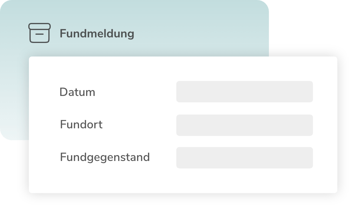 Grafik einer Fundmeldung, welche das Datum, den Fundort und den Fundgegenstand anzeigt.