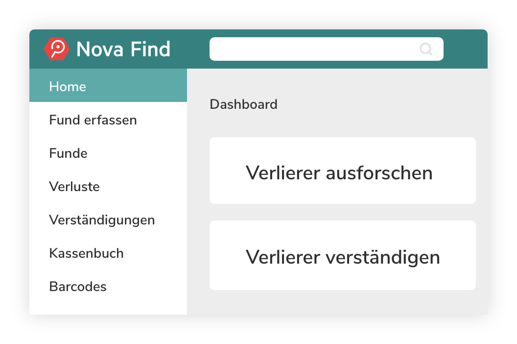 Dashboard der Nova Find Software mit einem Klick zu Verlierer ausforschen und Verlierer verständigen.