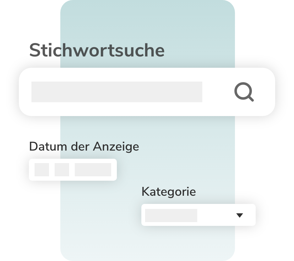 Grafik zeigt vereinfacht die Stichwortsuche mit einem Suchbalken, das Datum der Anzeige und die Auswahl der Kategorie.