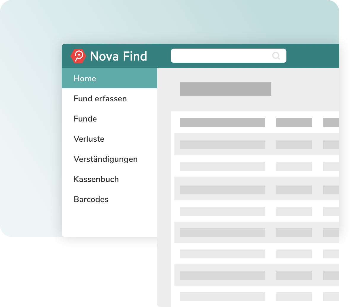 Nova Find Software Screen, welches die Funktionen der Software zeigt. Wie Fund erfassen, Funde, Verluste, Verständigungen, E-Mail Partnerfirma, Kassenbuch, Barcodes.