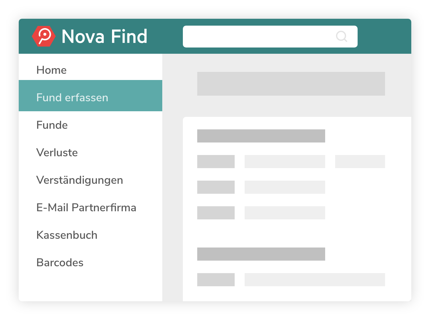 Nova Find Software Screen, welches die Funktionen der Software zeigt. Wie Fund erfassen, Funde, Verluste, Verständigungen, E-Mail Partnerfirma, Kassenbuch, Barcodes.