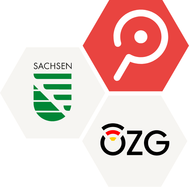 Logos von OZG Partner, zu sehen ist das Logo von Nova Find (Lupe in weiß auf roten Hintergrund), das Logo von Sachen (Sachsen in schwarz und Wappen in grün) und das Logo von ÖZG in schwarz, gelb und rot.