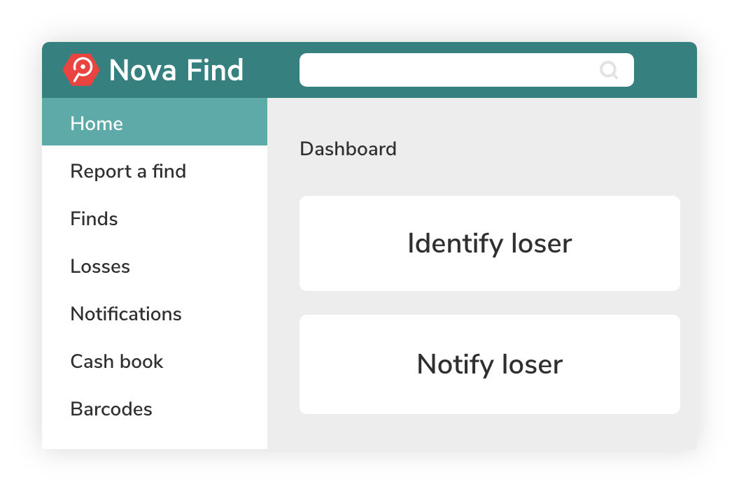 Dashboard of the Nova Find software with one click to locate losers and notify losers.