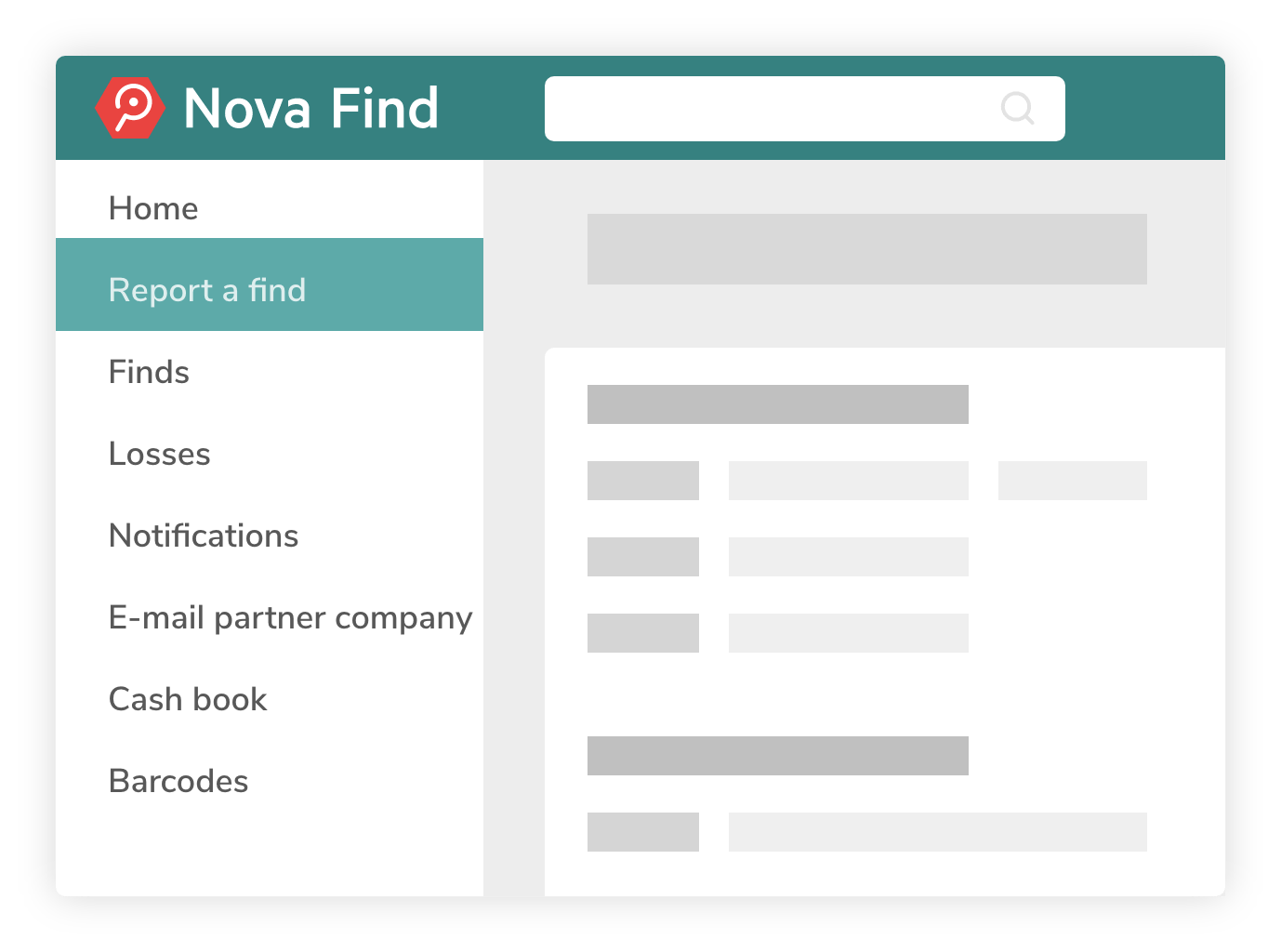 Nova Find user interface screen with options for recording finds, finds, losses, notifications, e-mail parnter company, cash book, barcodes.